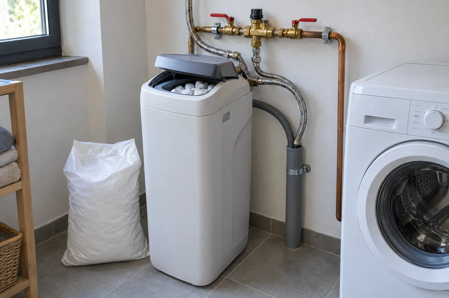 Adoucisseur d’eau à résine installé dans une buanderie, by-pass en laiton, évacuation et sac de sel à côté du lave-linge