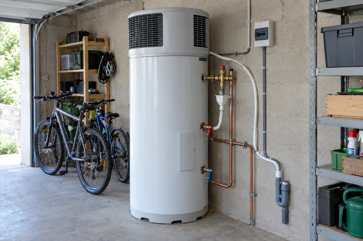 Chauffe-eau thermodynamique installé dans un garage, raccordé à l’eau froide avec groupe de sécurité, évacuation des condensats et circuit électrique dédié