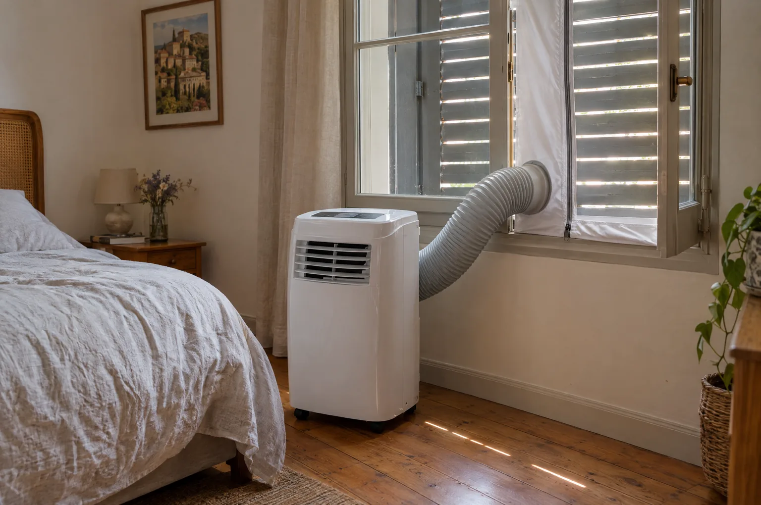 Climatiseur mobile monobloc blanc dans une chambre, gaine d’évacuation passée par une fenêtre fermée par un kit de calfeutrage en toile, volets mi-clos