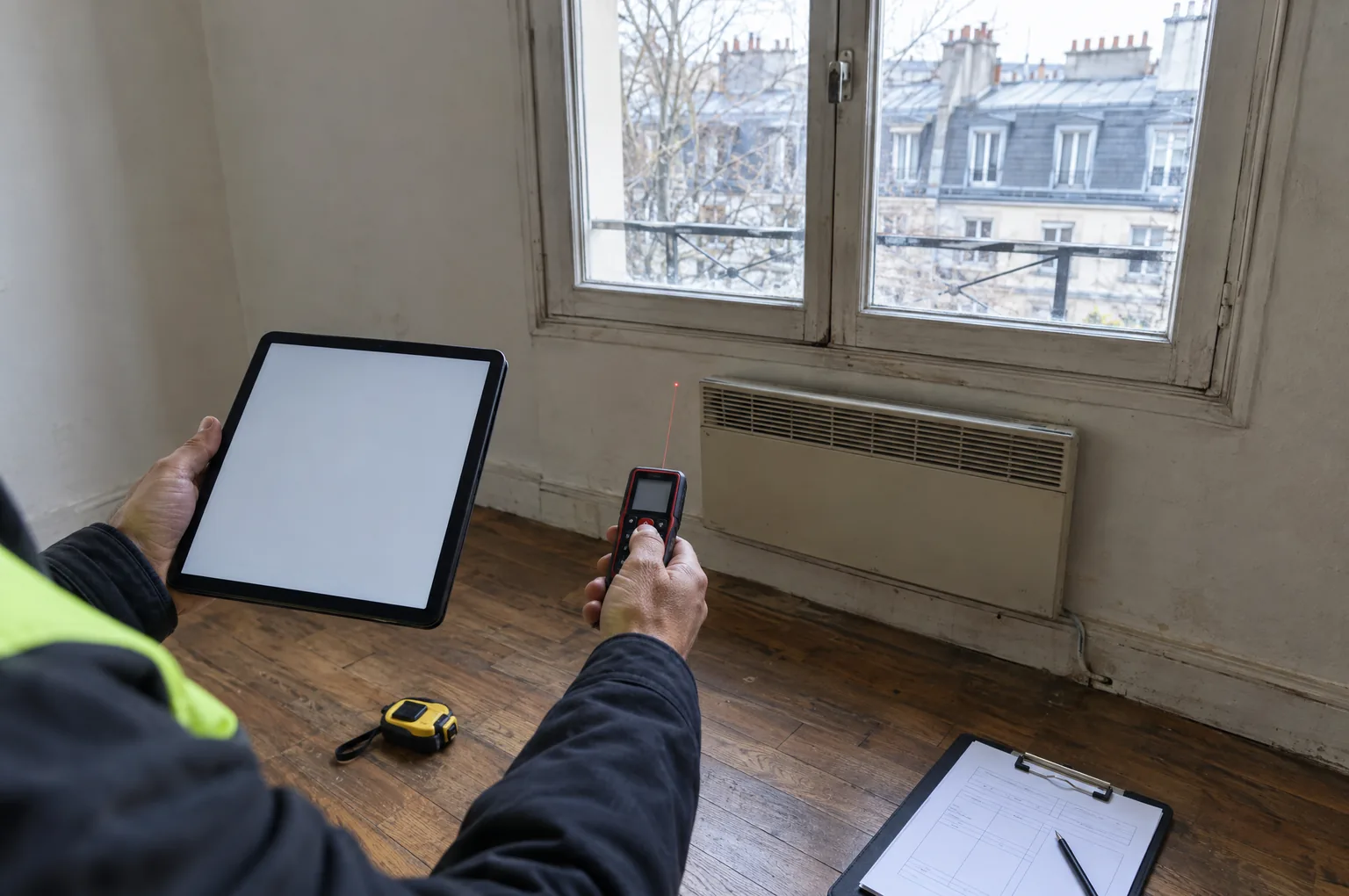 Diagnostiqueur réalisant un DPE dans un appartement vide, relevés au télémètre près d’une fenêtre ancienne et d’un convecteur