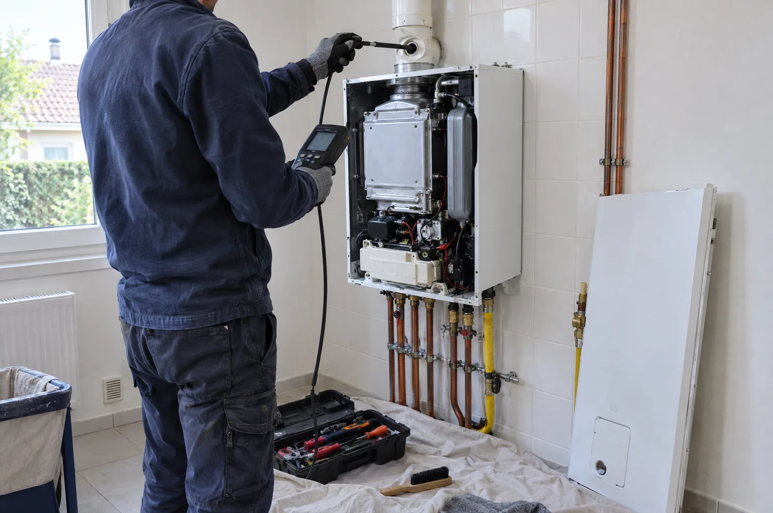 Technicien vu de dos mesurant les fumées d’une chaudière gaz murale avec un analyseur de combustion, capot de la chaudière déposé contre le mur et caisse à outils ouverte