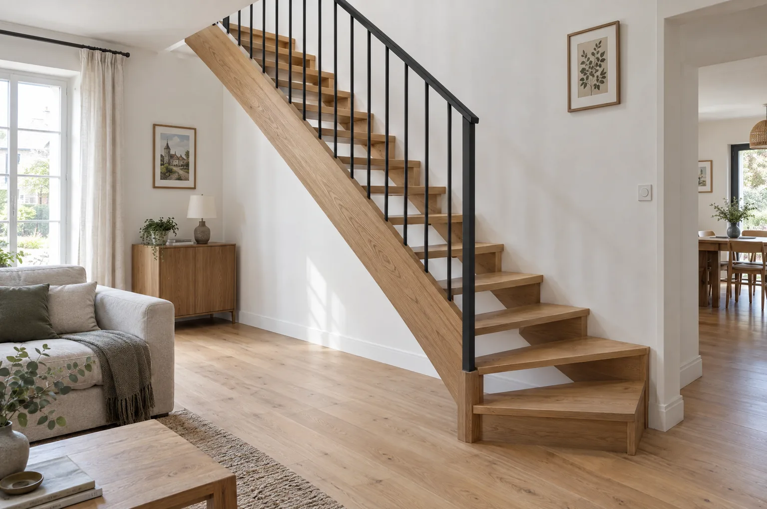 Escalier quart tournant en chêne avec rampe et barreaux en acier noir dans une maison