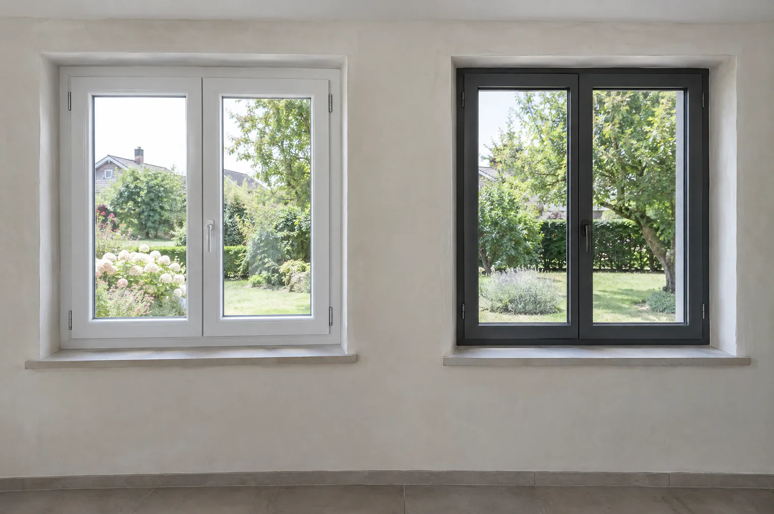 Deux fenêtres neuves côte à côte dans une maison : une fenêtre PVC blanche aux profilés épais et une fenêtre aluminium gris anthracite aux profilés fins
