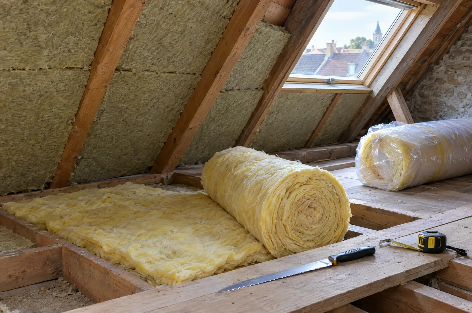 Combles en rénovation : panneaux semi-rigides de laine minérale calés entre les chevrons et rouleau de laine de verre déroulé entre les solives
