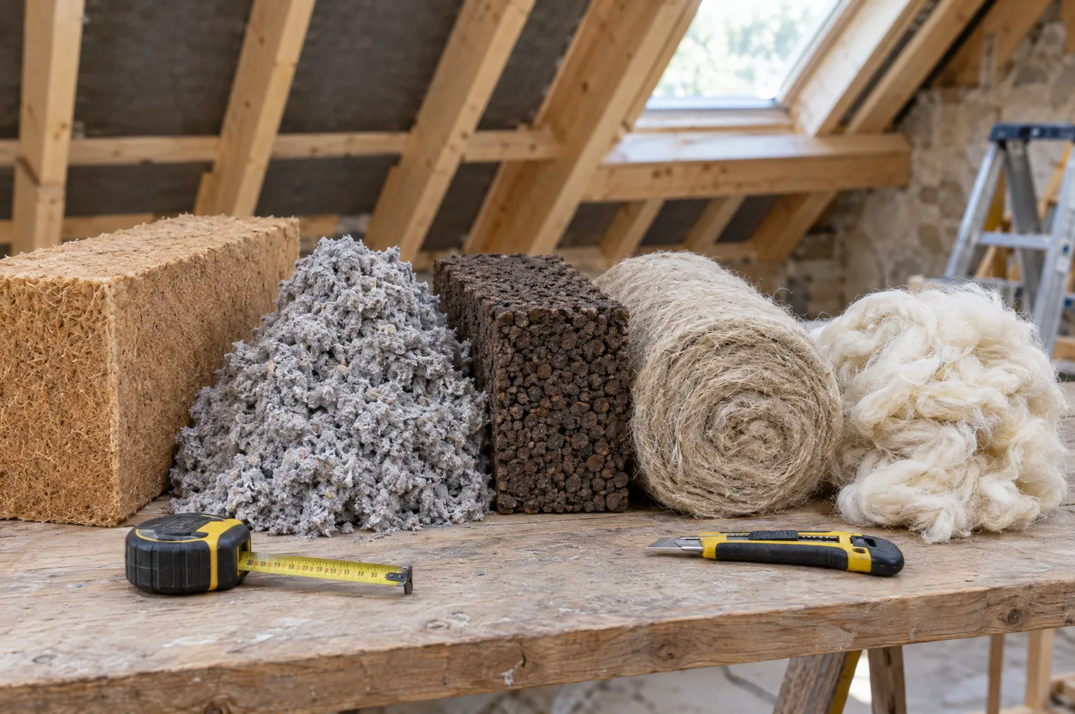 Échantillons d’isolants naturels sur une table de chantier : panneau de fibre de bois, ouate de cellulose, liège expansé, rouleau de chanvre et laine de mouton