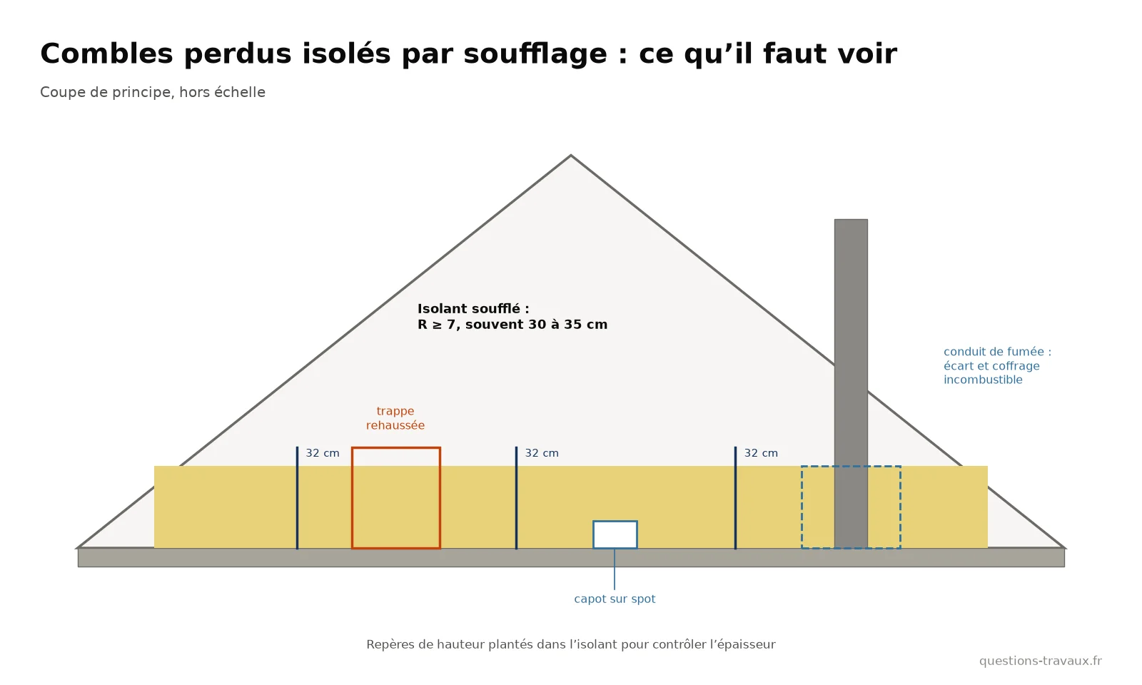 Schéma en coupe de combles perdus isolés par soufflage : épaisseur de 30 à 35 cm, trappe rehaussée, capot sur spot, écart autour du conduit de fumée, repères de hauteur