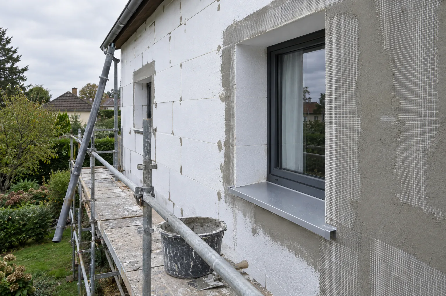 Chantier d’isolation par l’extérieur sous enduit : panneaux isolants collés sur la façade d’une maison à étage, échafaudage et retour d’isolant autour d’une fenêtre