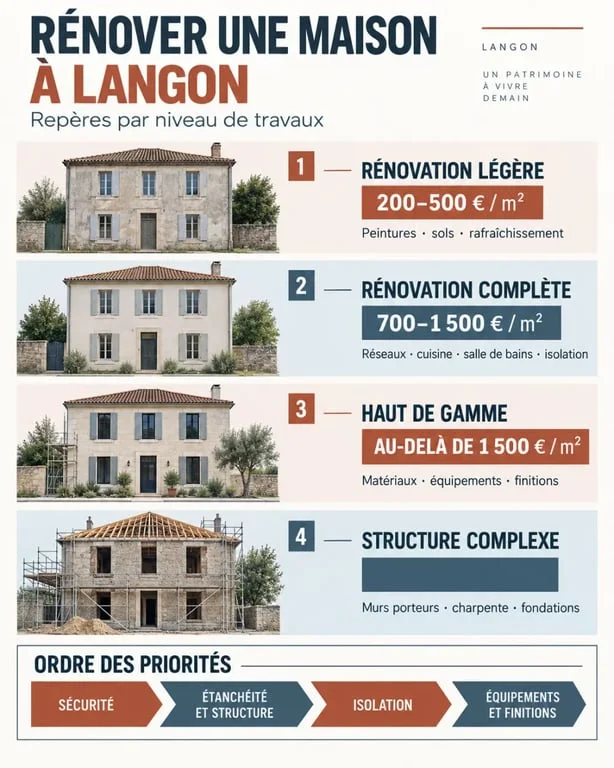 Infographie sur la rénovation maison Langon et les niveaux de travaux selon le budget