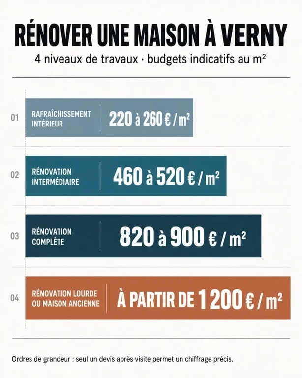 Infographie des prix indicatifs pour une rénovation de maison à Verny selon le niveau de travaux
