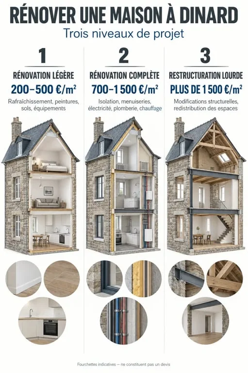Infographie sur le budget d’une rénovation de maison à Dinard selon le niveau de travaux
