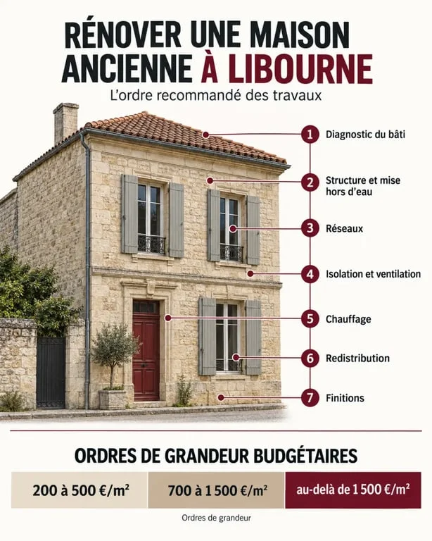 Infographie sur la rénovation de maison ancienne à Libourne : ordre des travaux et budget au mètre carré