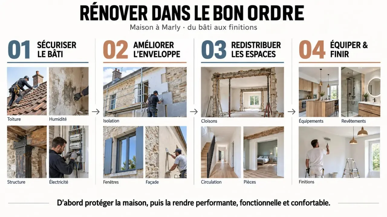 Ordre des travaux pour une rénovation de maison à Marly, de la toiture aux finitions