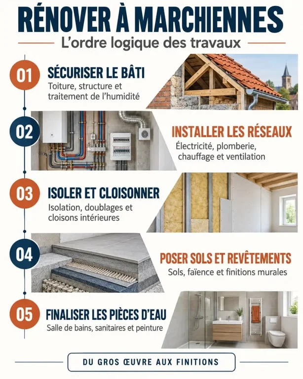Infographie sur l’ordre des travaux pour une rénovation de maison à Marchiennes