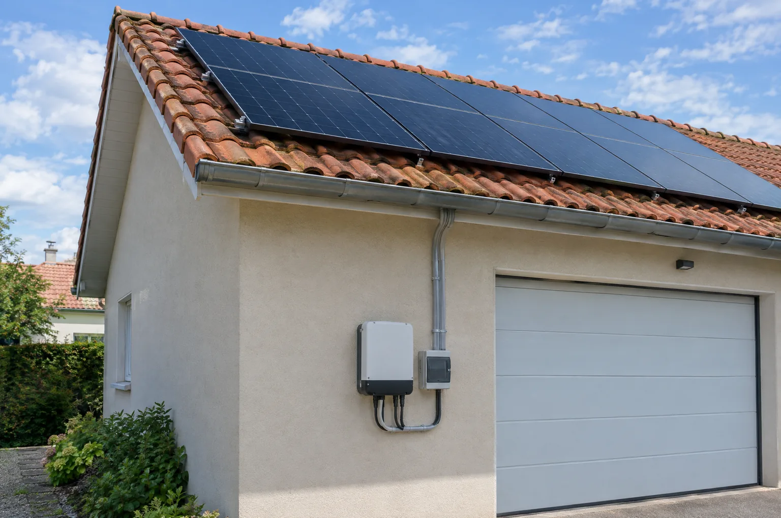 Panneaux solaires photovoltaïques sur un toit en tuiles, onduleur et coffret de protection fixés sur le mur du garage