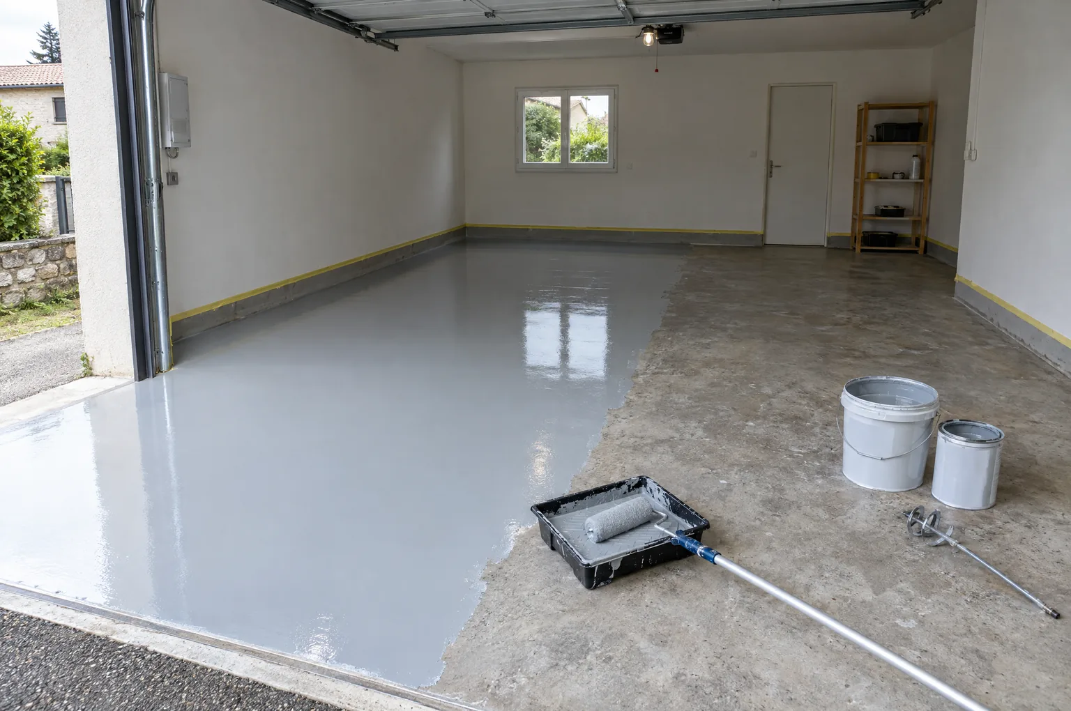Sol de garage en béton à moitié peint en époxy gris clair, rouleau sur perche, bac et kit bicomposant sur la partie poncée