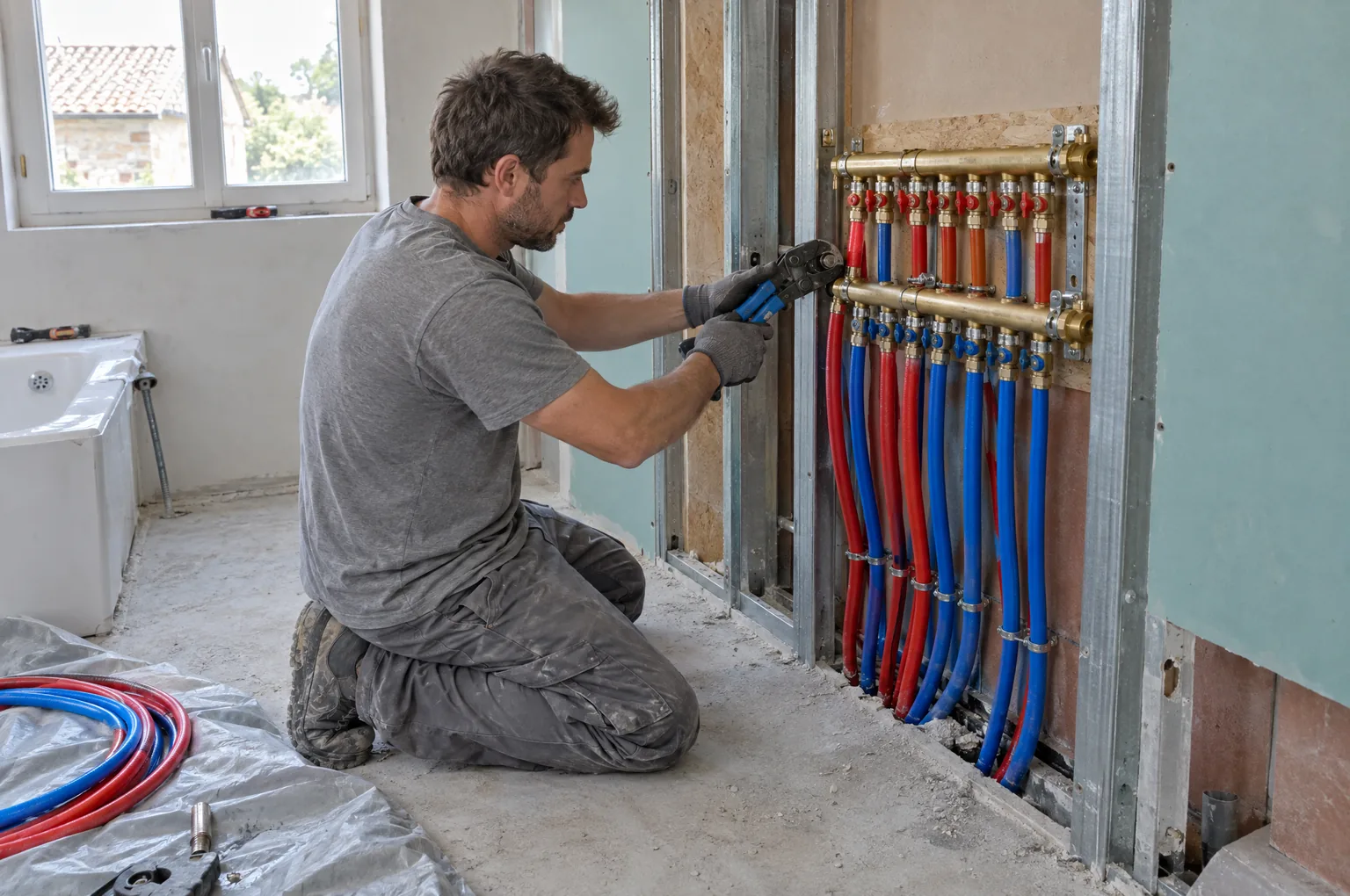 Plombier raccordant des tubes PER bleus et rouges sur un collecteur dans une salle de bains en rénovation