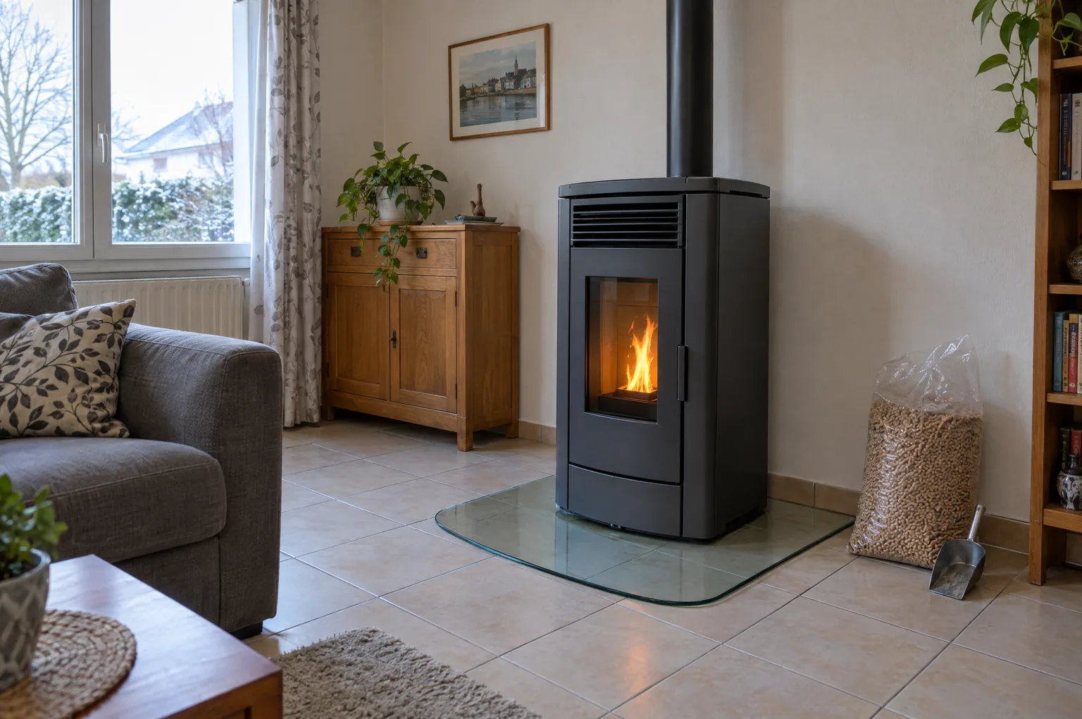 Poêle à granulés gris anthracite posé sur une plaque de verre dans un séjour carrelé, conduit noir montant au plafond, sac de granulés et pelle à côté