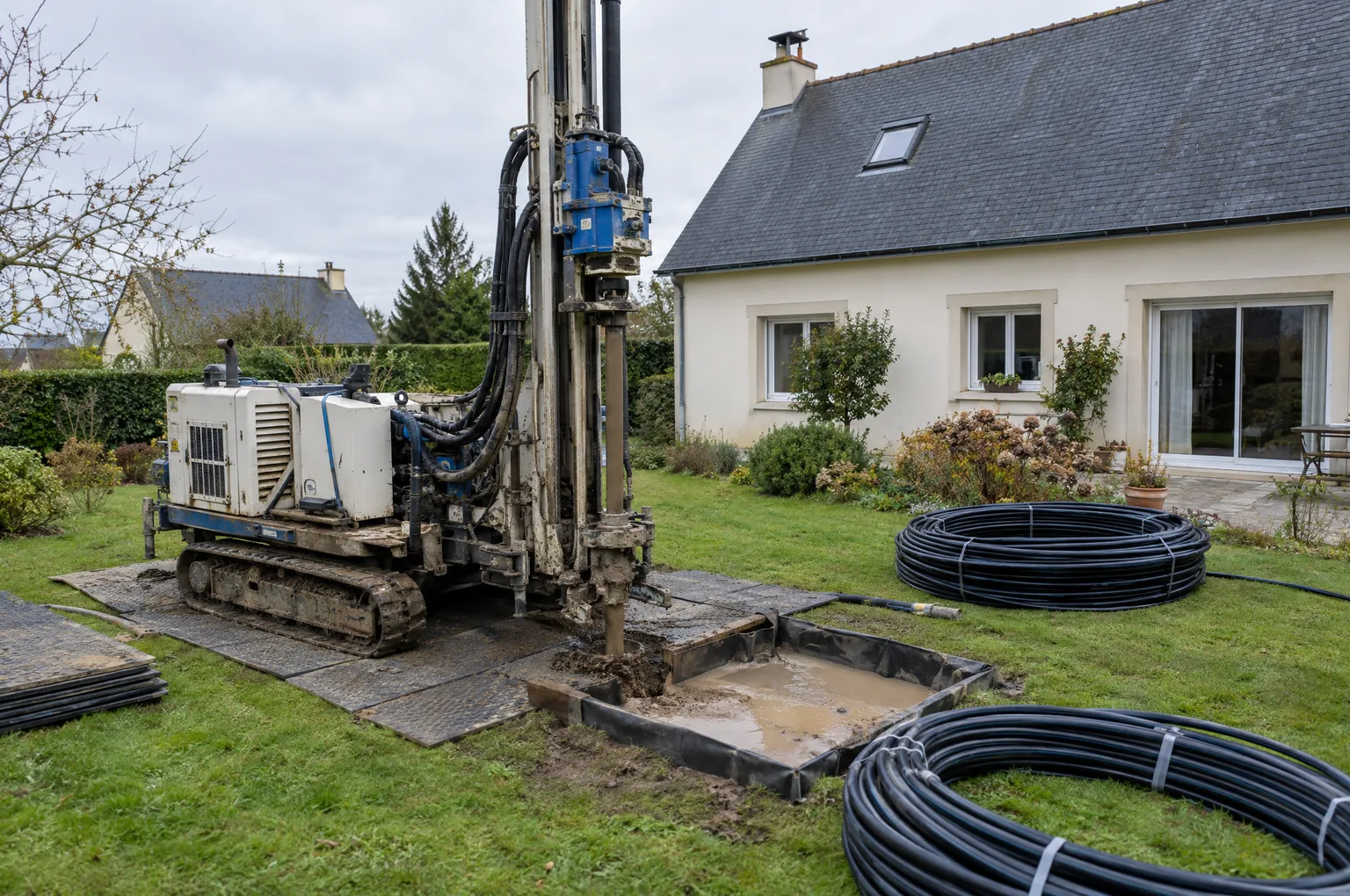 Foreuse installée dans le jardin d’une maison pour le forage d’une sonde géothermique verticale, tubes de sonde enroulés sur la pelouse