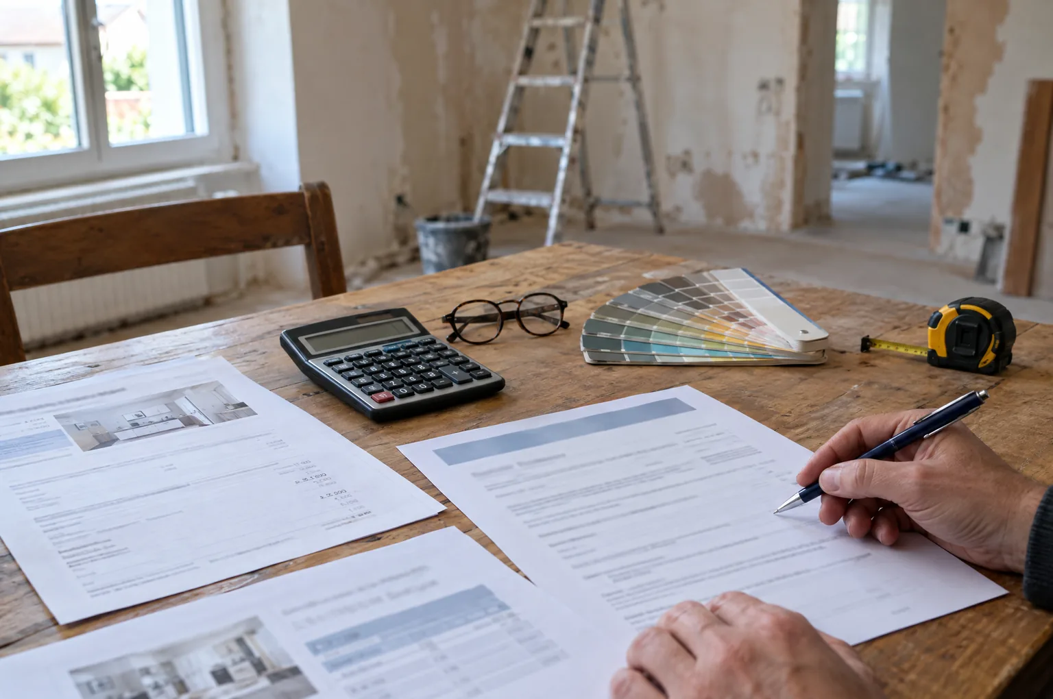 Devis de travaux et offre de prêt sur une table, calculatrice, nuancier et mètre, dans une maison en rénovation