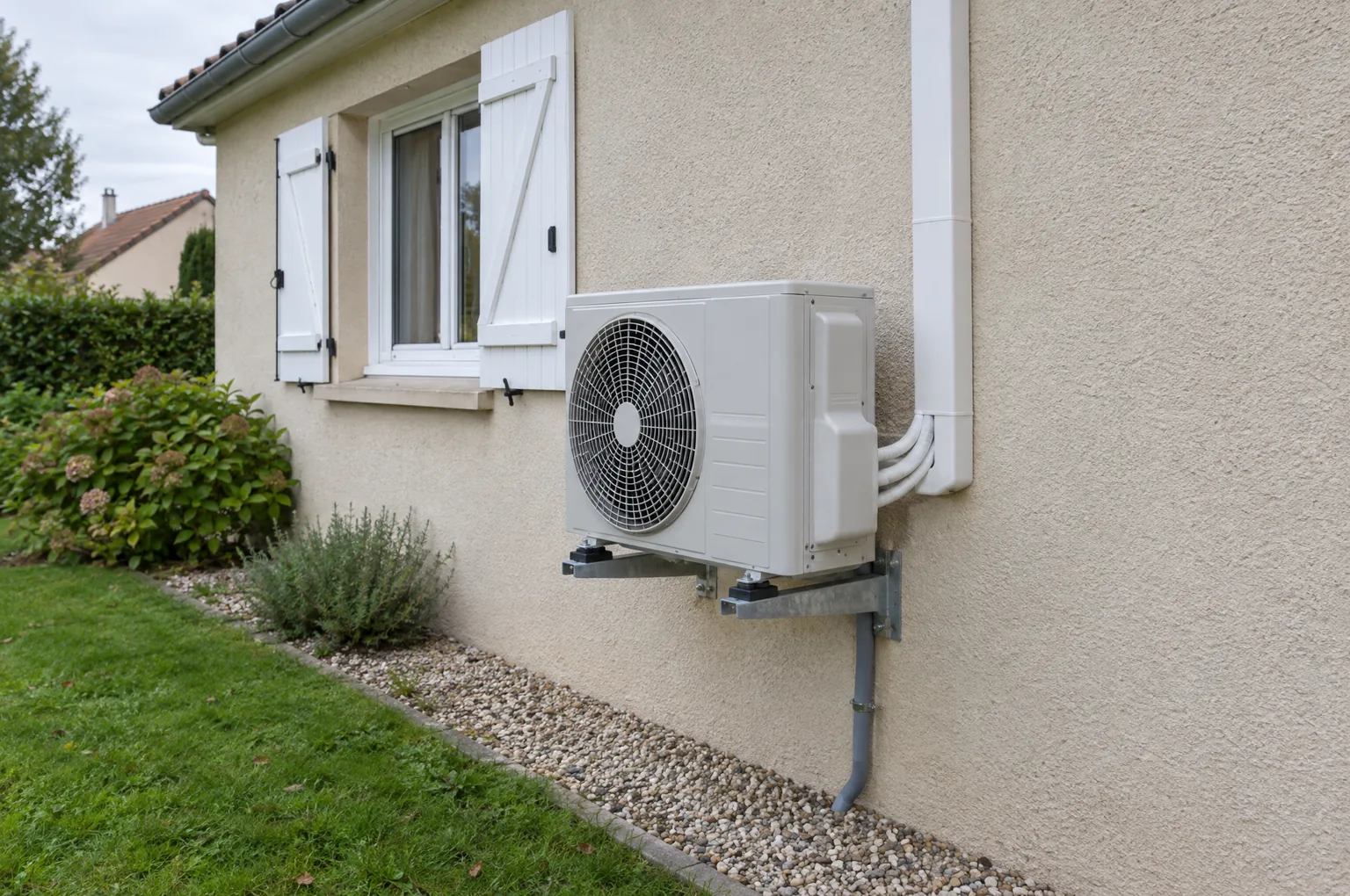 Groupe extérieur de pompe à chaleur air-air fixé sur une console murale avec plots antivibratiles, goulotte blanche des liaisons frigorifiques et évacuation des condensats, contre le mur crépi d’une maison