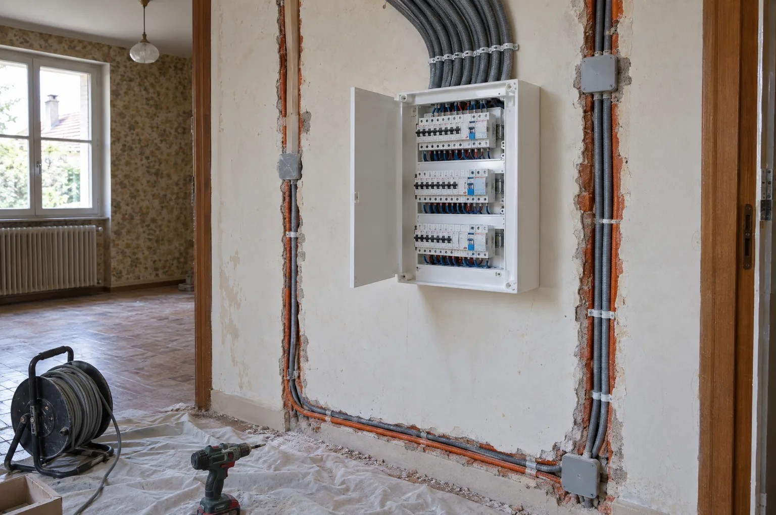 Tableau électrique neuf de trois rangées posé sur un mur, gaines grises et orange encastrées dans des saignées fraîches, dans une maison des années 1970 en rénovation