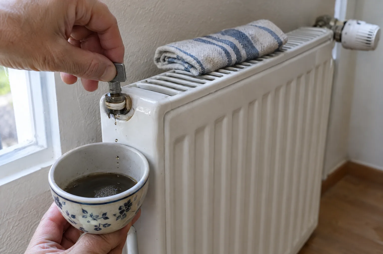 Main tournant une clé de purge sur le purgeur d’un radiateur en acier blanc, une tasse recueillant l’eau noire qui s’écoule