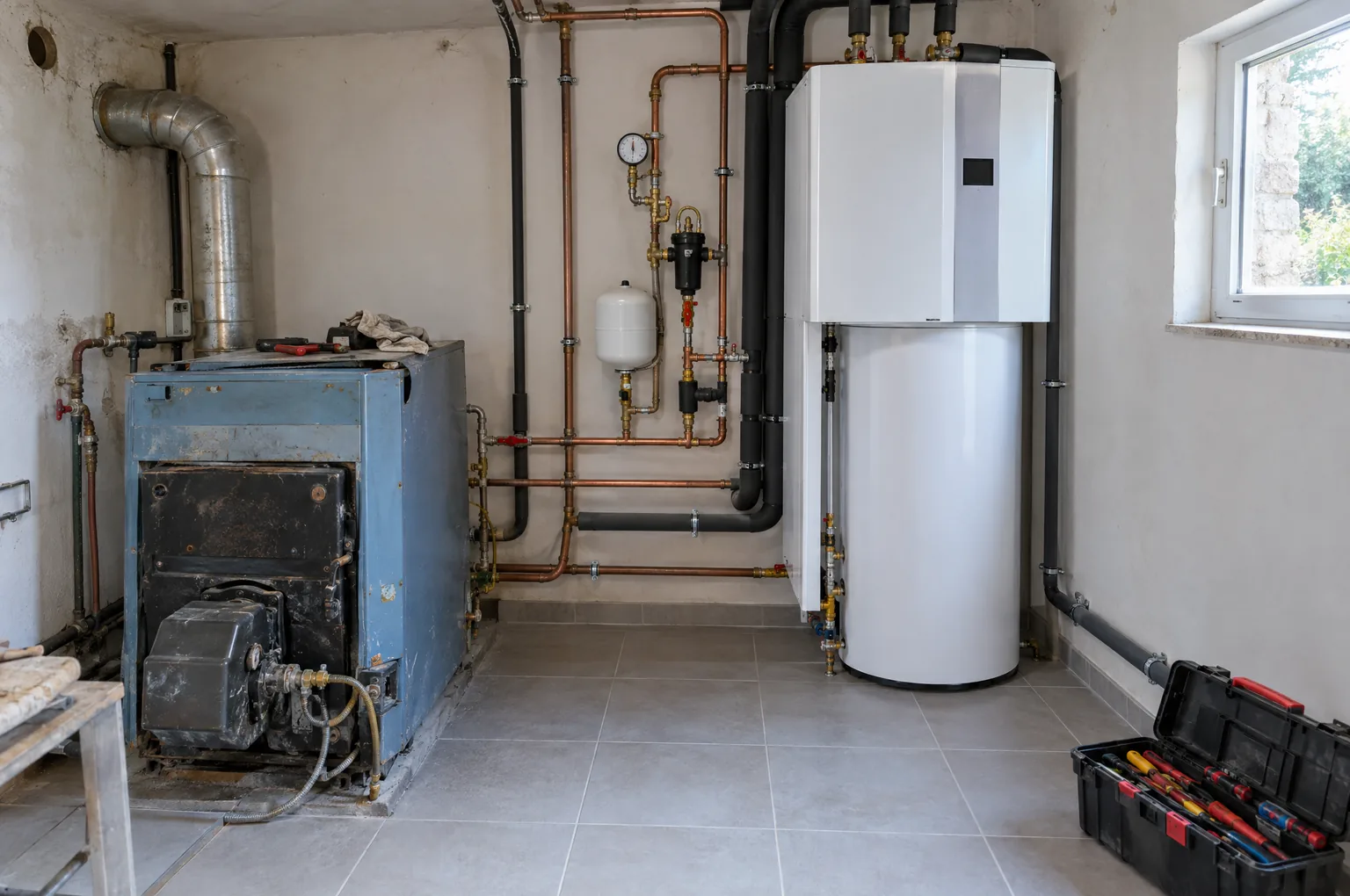 Chaufferie en cours de transformation : ancienne chaudière fioul à côté d’une pompe à chaleur air/eau avec ballon d’eau chaude intégré