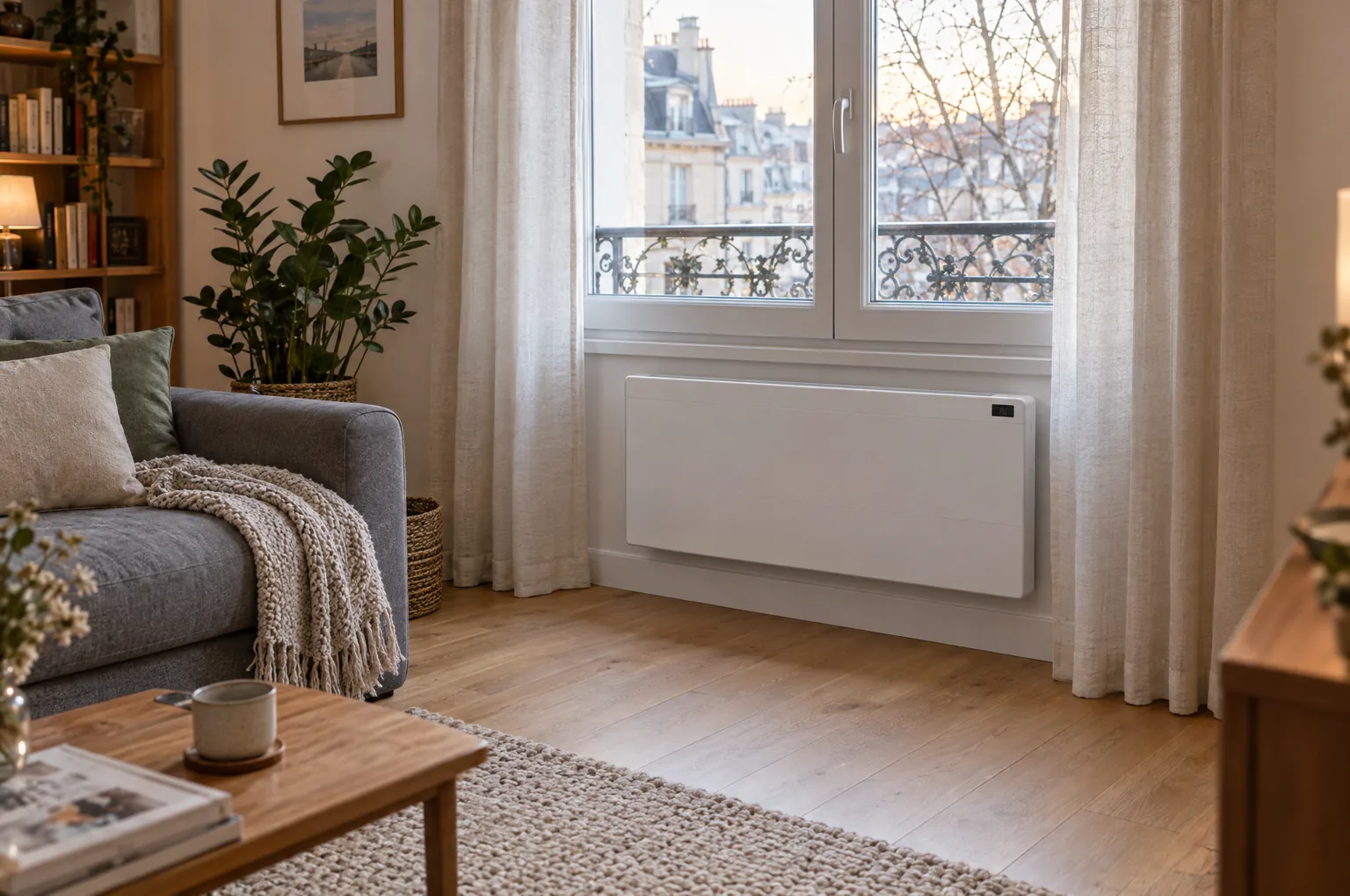 Radiateur électrique à chaleur douce horizontal fixé sous une fenêtre dans un salon