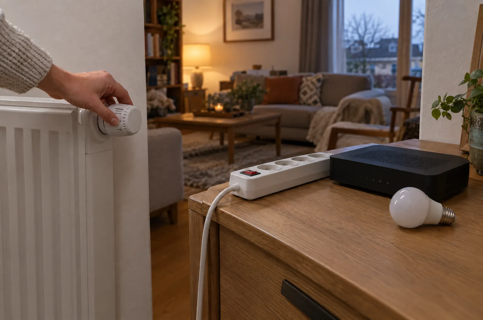 Main baissant le thermostat d’un radiateur, multiprise à interrupteur éteinte, box internet et ampoule LED sur un meuble