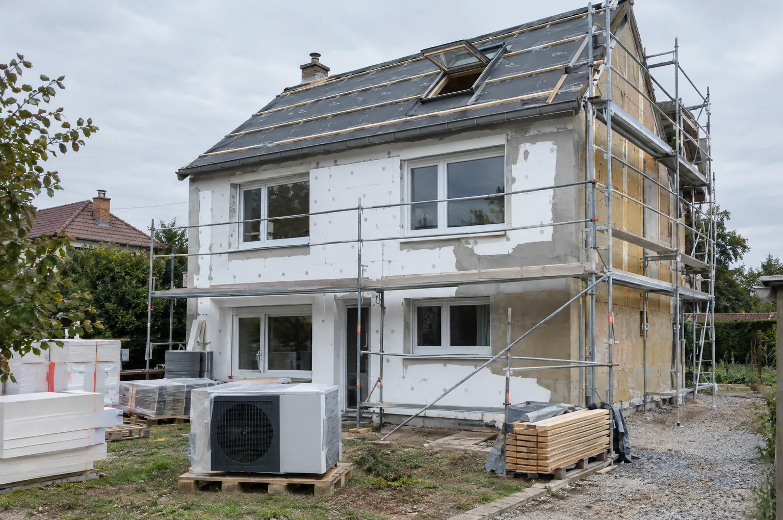 Maison des années 1970 en rénovation globale : isolation de la façade et de la toiture, fenêtres neuves, pompe à chaleur en attente de pose