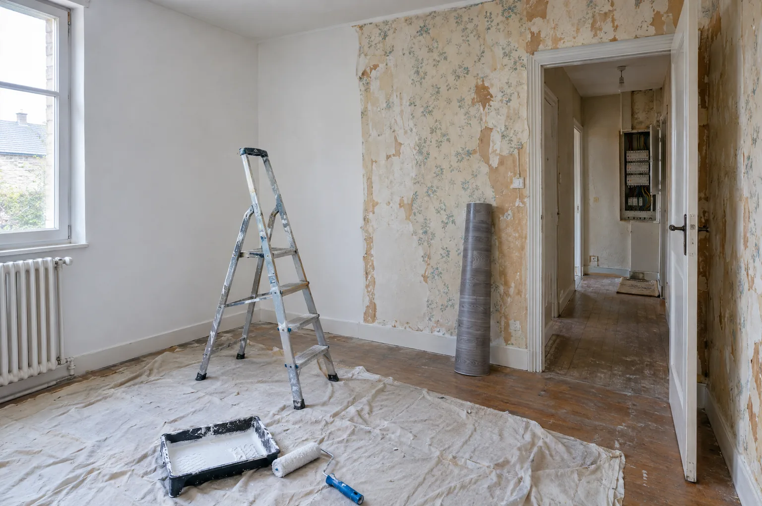 Pièce d’une maison ancienne en rénovation à petit budget : un mur repeint en blanc, papier peint en cours de dépose, rouleau de sol vinyle et escabeau