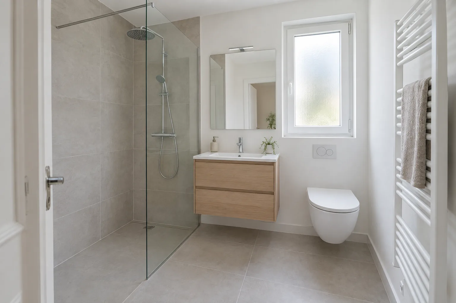 Salle de bain de 6 m² rénovée avec douche de plain-pied, meuble vasque suspendu et WC suspendu