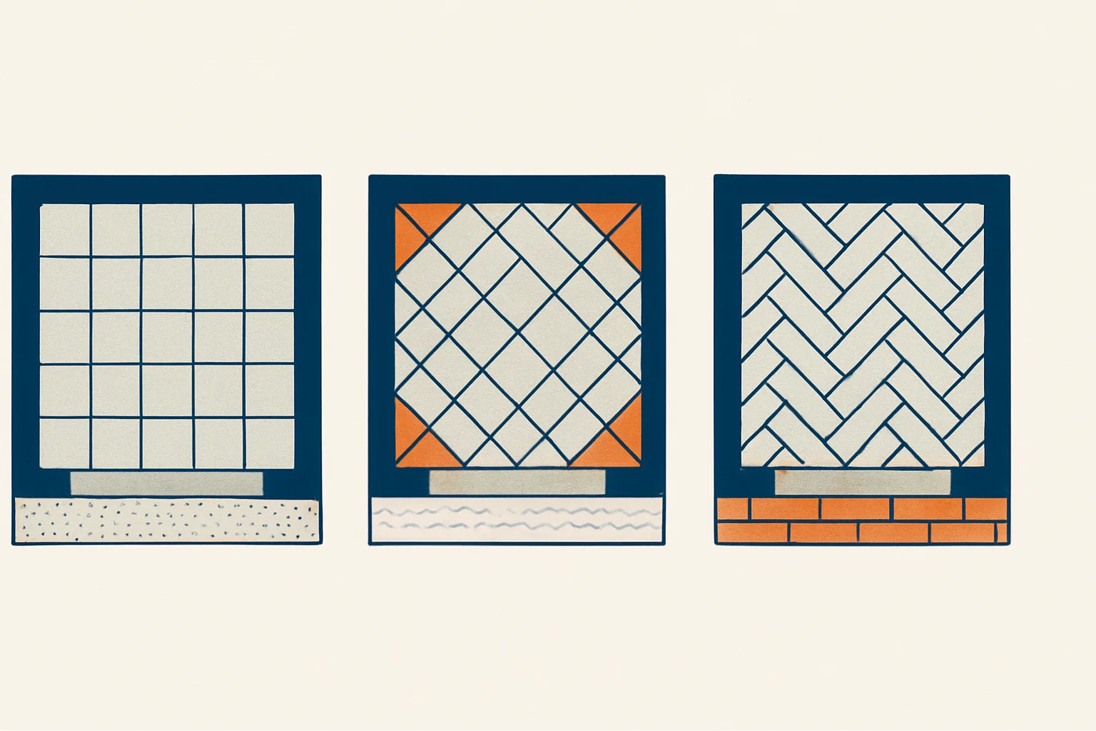 Trois calepinages de carrelage vus de dessus : pose droite, en diagonale et en chevrons