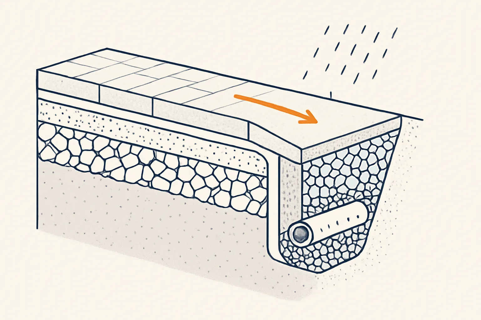 Coupe d’une allée drainée, du terrain naturel au revêtement