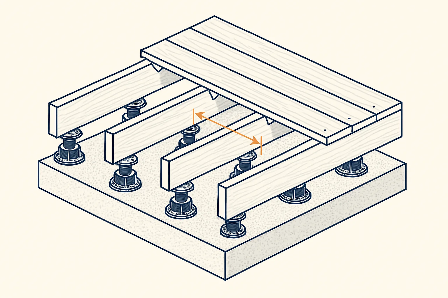 Structure d’une terrasse sur plots : membrane, plots, lambourdes et lames