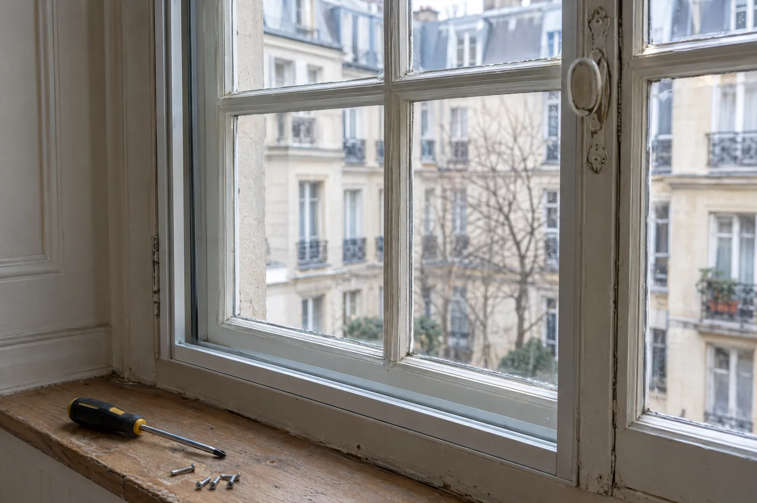 Fenêtre ancienne en bois à petits carreaux dans un appartement haussmannien, tournevis et vis sur l’appui