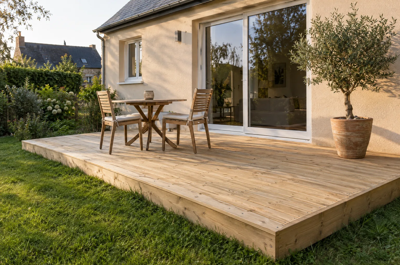 Terrasse en bois de pin traité d’environ 25 m² accolée à une maison, sur un jardin engazonné