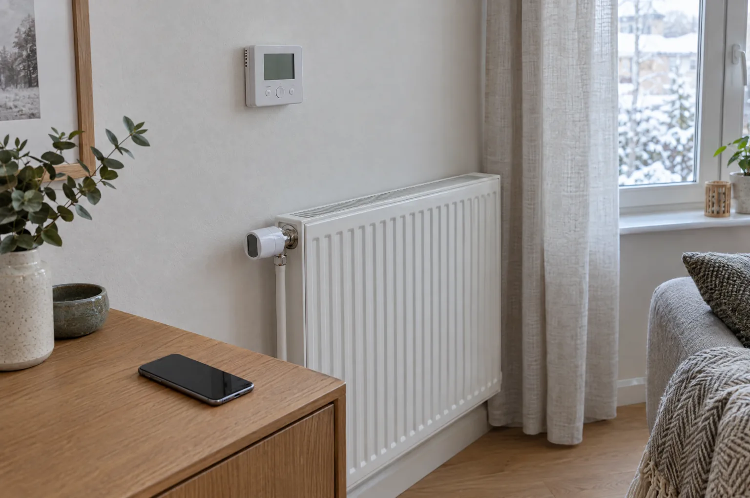 Thermostat d’ambiance programmable au mur d’un séjour et tête thermostatique électronique sur un radiateur
