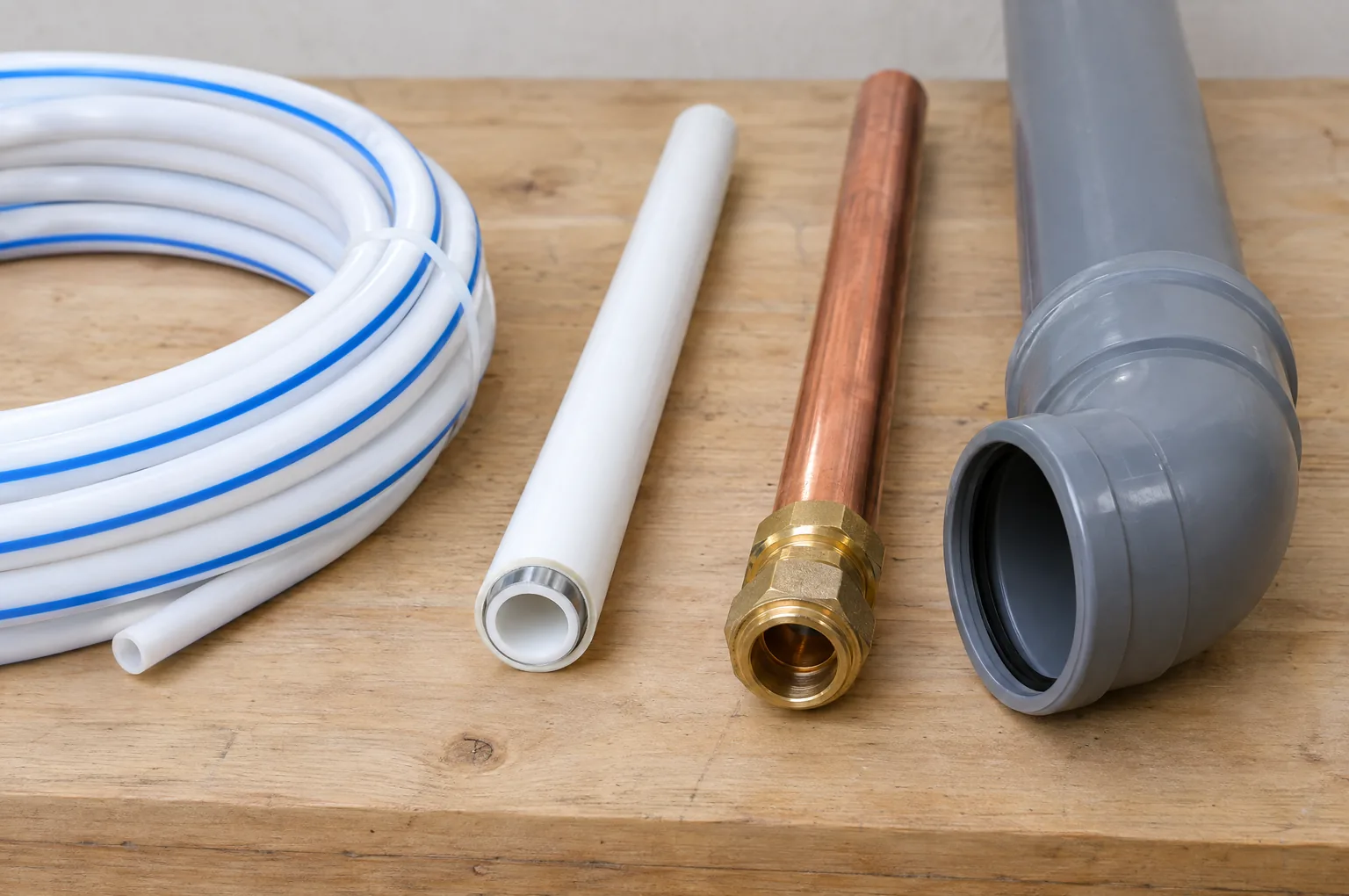 Tubes de plomberie côte à côte : PER, multicouche, cuivre et PVC d’évacuation