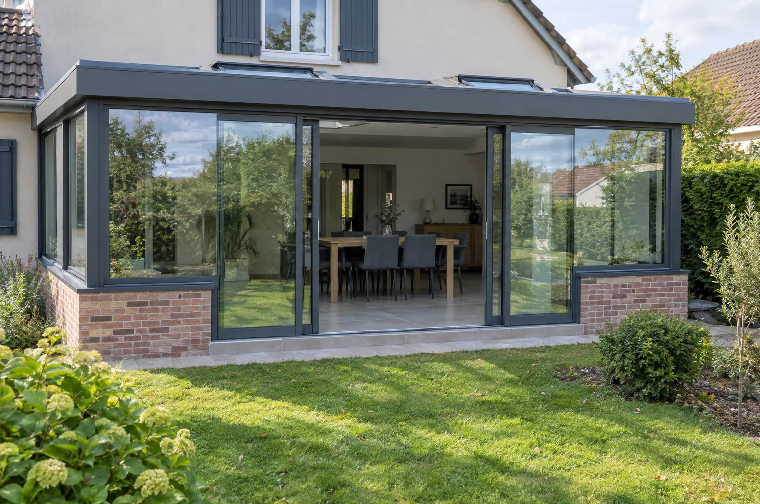 Véranda en aluminium d’environ 20 m² adossée à une maison, vue depuis le jardin