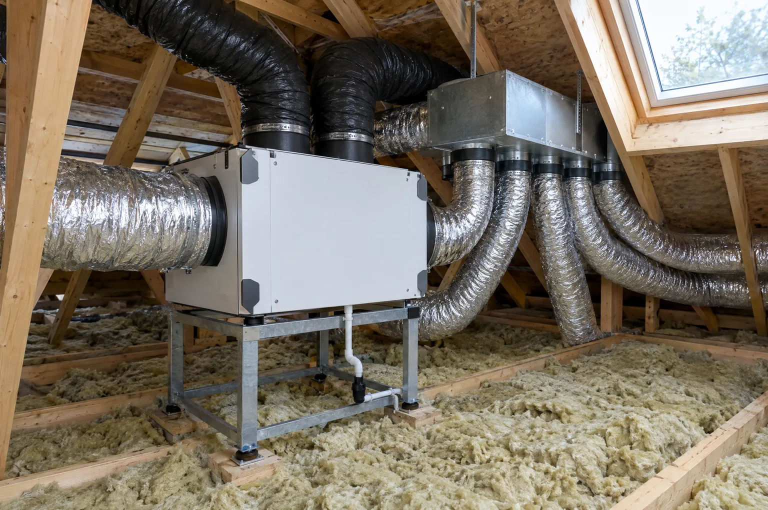 Centrale de VMC double flux installée dans des combles, avec ses gaines isolées