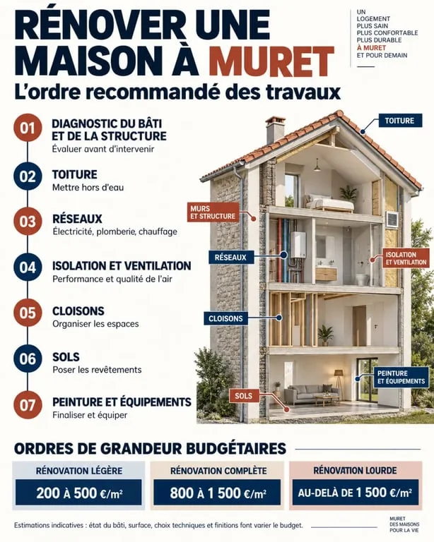 Infographie sur la rénovation de maison à Muret : ordre des travaux et budget indicatif au mètre carré