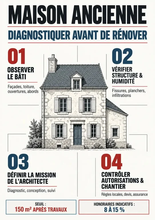 Infographie sur le rôle d’un architecte pour rénover une maison ancienne et les étapes du diagnostic