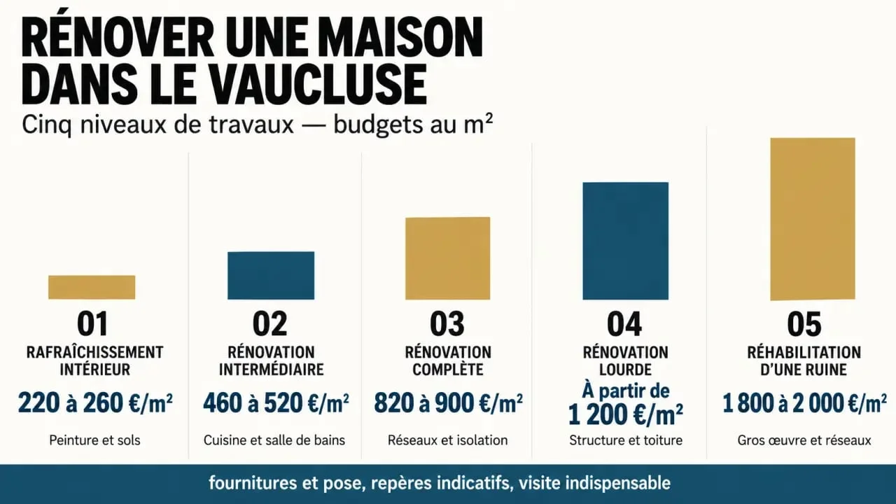 Infographie des prix d’une entreprise de rénovation de maison dans le Vaucluse selon le niveau de travaux