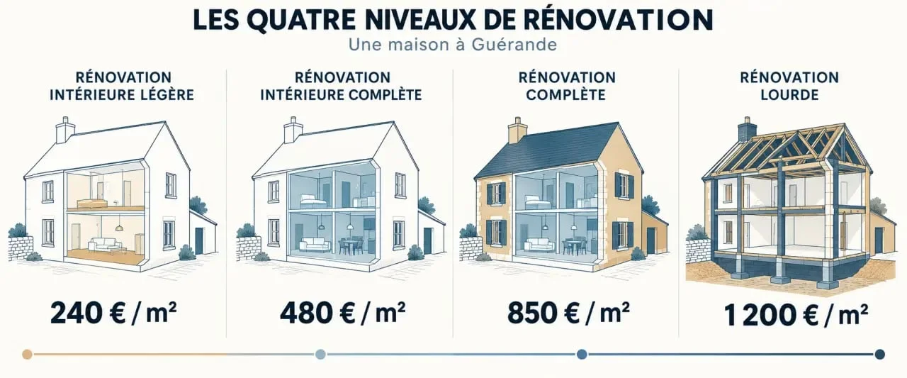 Infographie sur les niveaux de rénovation maison à Guérande et leurs ordres de prix au mètre carré
