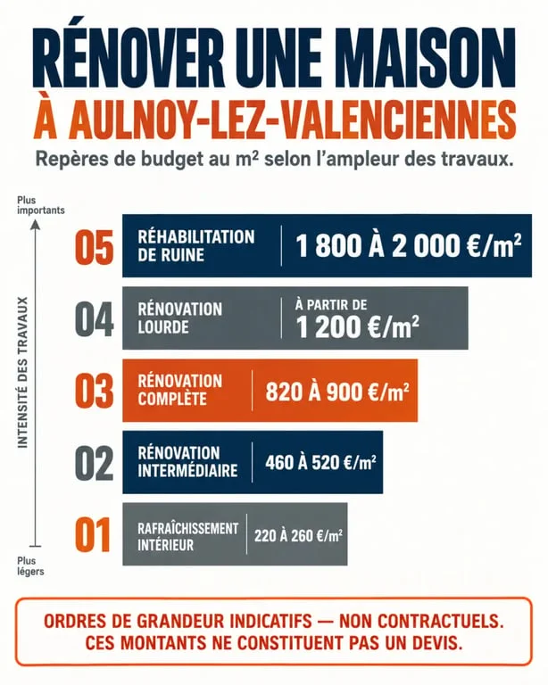 Infographie des prix de rénovation de maison à Aulnoy-lez-Valenciennes selon le niveau de travaux