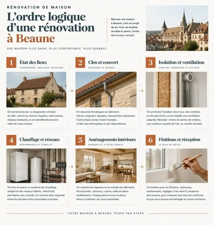 Rénovation maison Beaune : infographie des étapes et priorités d’un chantier