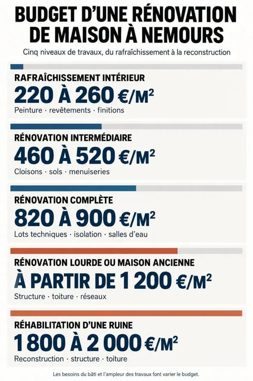 Infographie des prix d’une rénovation de maison à Nemours selon le niveau de travaux