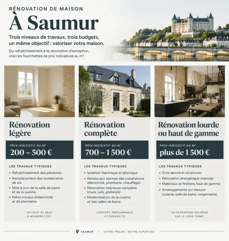 Infographie des prix indicatifs d’une rénovation de maison à Saumur selon le niveau de travaux