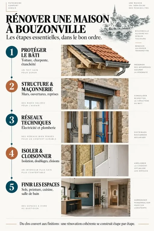 Infographie des étapes d'une rénovation de maison à Bouzonville, du gros œuvre aux finitions
